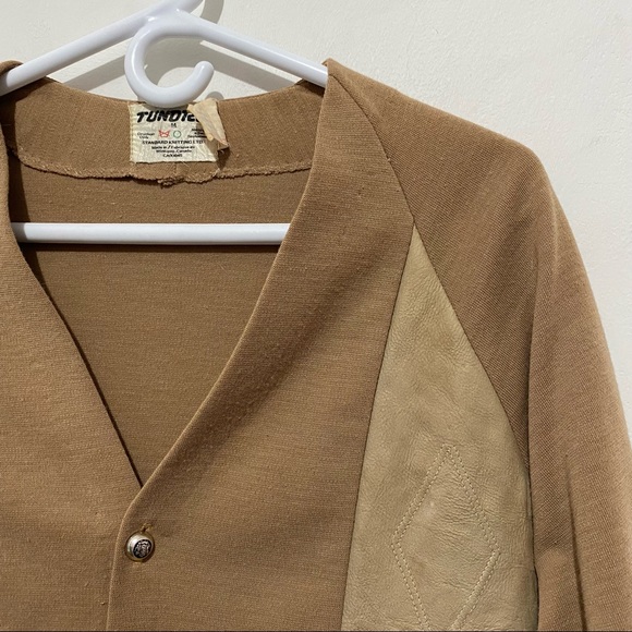 Vintage 70s Suede Knit Cardigan Sweater Patchwork Detail Camel Tan V-Neck M/L - Picture 3 of 15